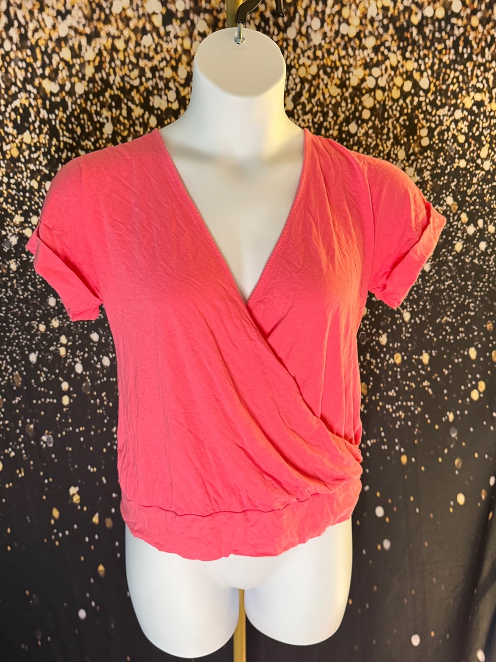 New York & Company Coral Pink Short Sleeve Wrap Top